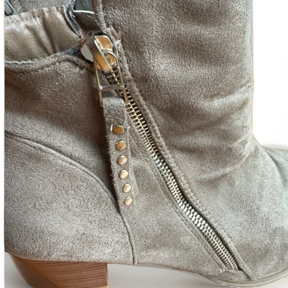 (11) CHARLES ALBERT Beige-Gray Vegan Suede Ankle Boots Zipper Closure & Accents